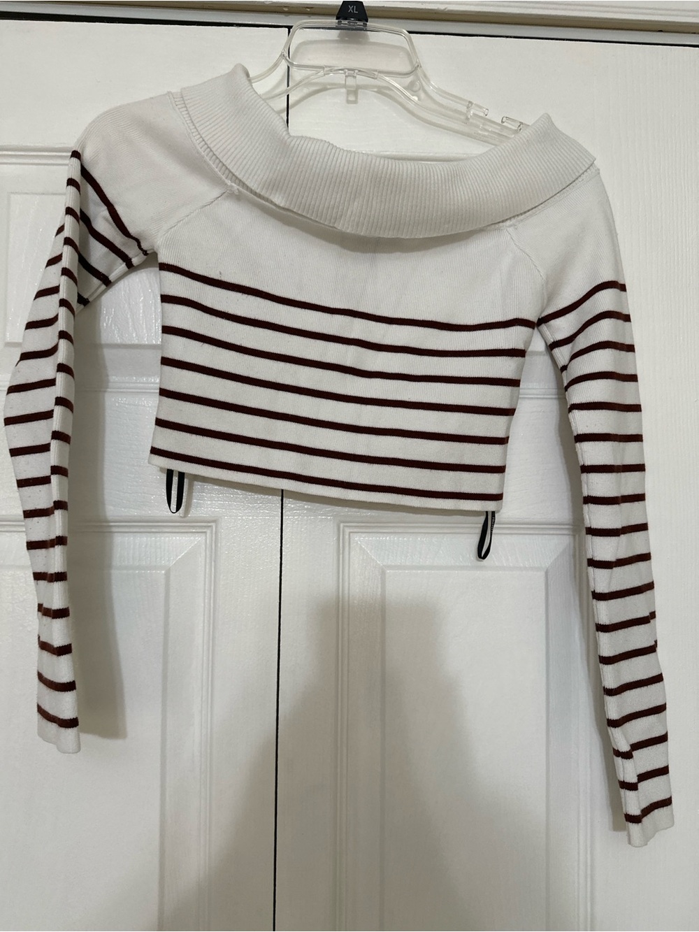 Forever 21 White Off-Shoulder Cropped Sweater with Burgundy Stripes